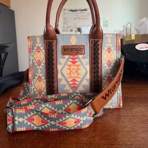 Wrangler Brown and Blue Geometric Tote Bag